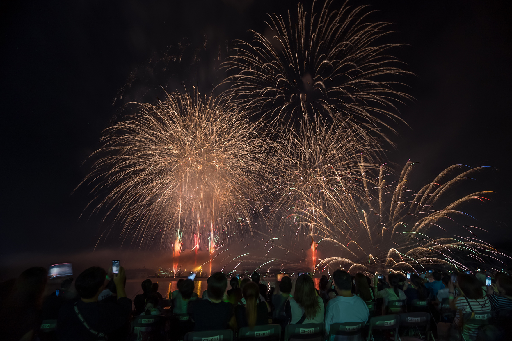 三津浜の夜空に花火が舞う